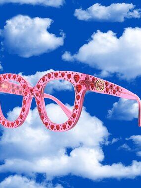Gucci GG0116S 007 Pink Acetate Crystal Cat Eye Hearts Sunglasses